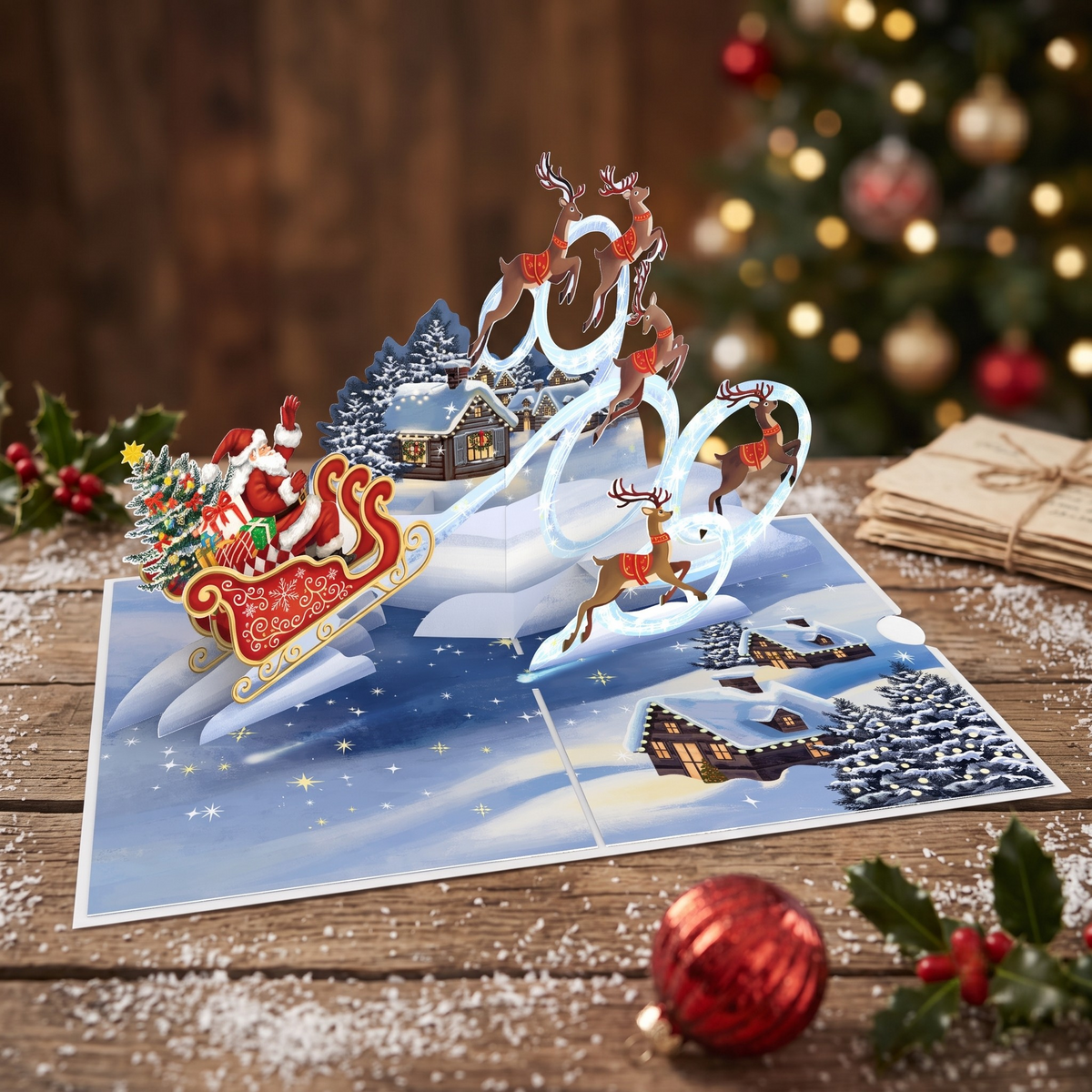 Weihnachtsmann mit Rentieren Pop-Up Karte
