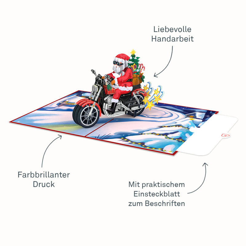 Weihnachtsmann auf Motorrad Pop-Up Karte